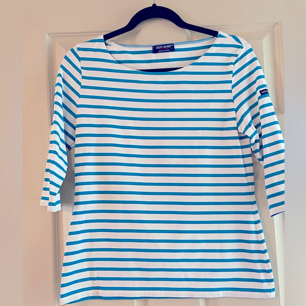 Saint James Women's Blue and White Striped Boatneck Top